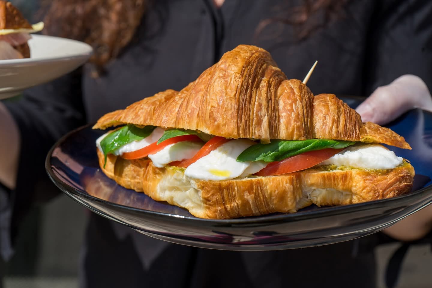 Croissant sandwich with mozzarella and basil